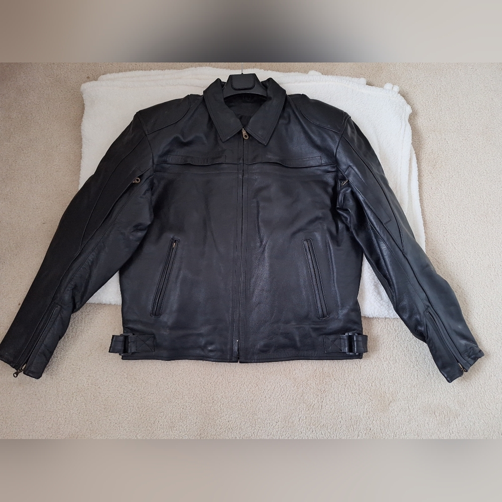 NWOT Men's Infinity Sports Black Genuine Leather Motorcycle Moto Jacket XL